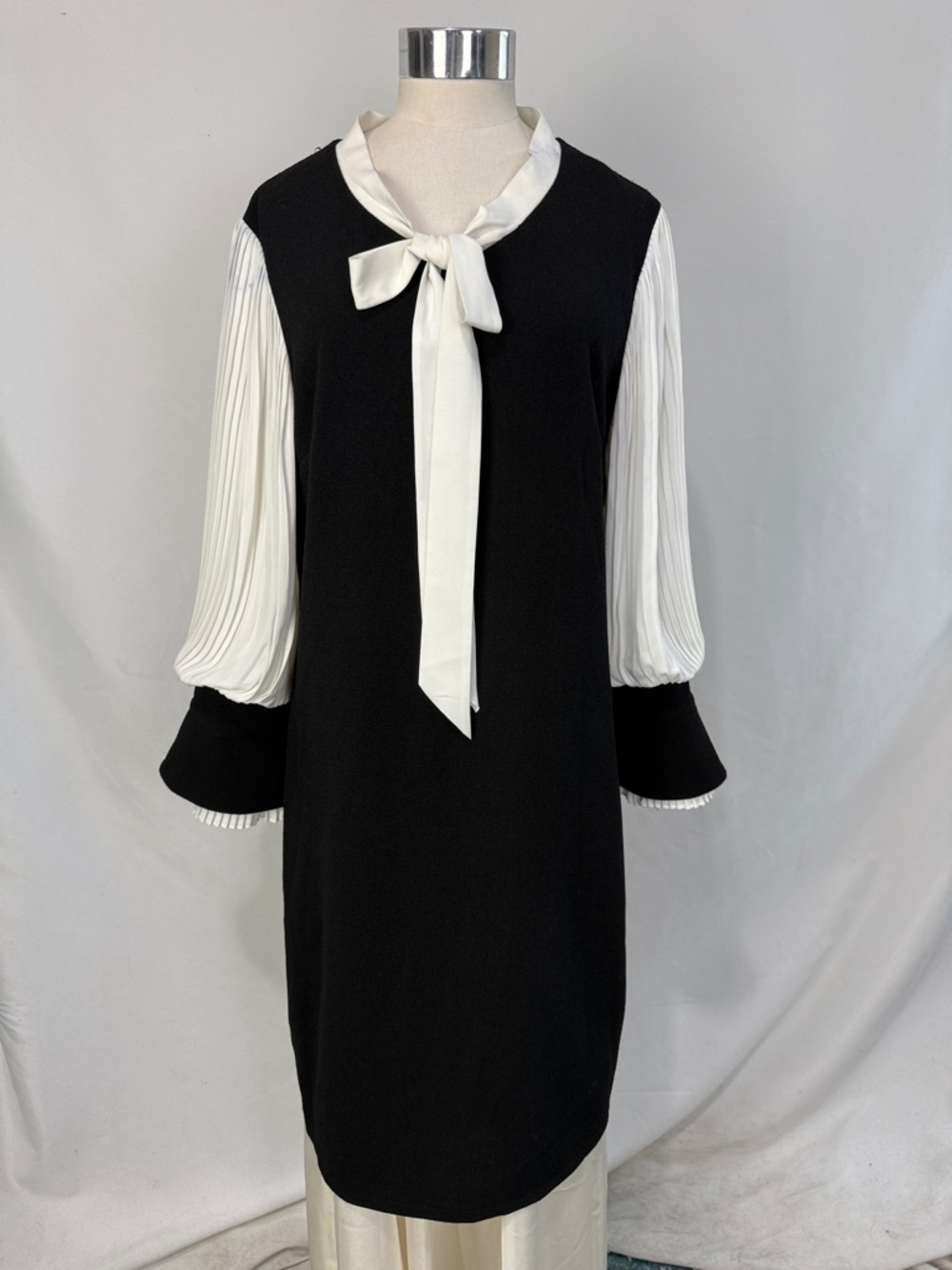 EDWARD ACHOUR Black and Cream Tie Neck Dress
